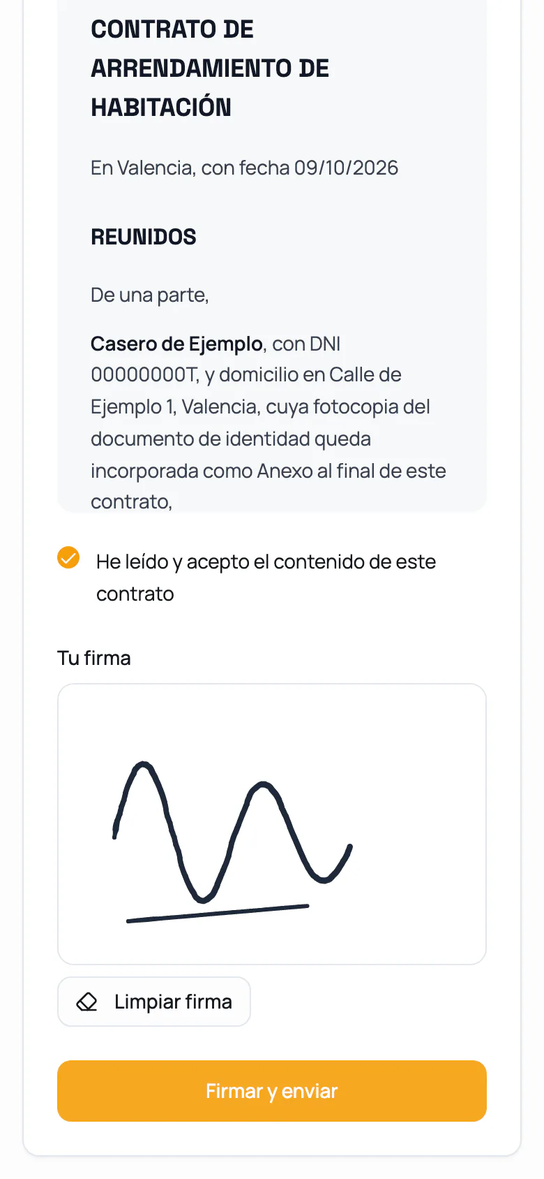 Lo que ve el inquilino en su móvil: el contrato, la casilla de aceptación y el recuadro para firmar